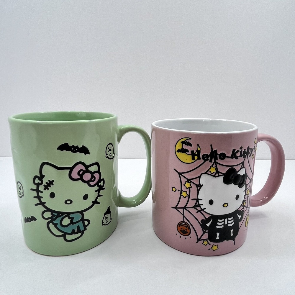 HELLO KITTY Set Of 2 Halloween Mugs Frankenstein Green Skeleton Spider Web 20 oz